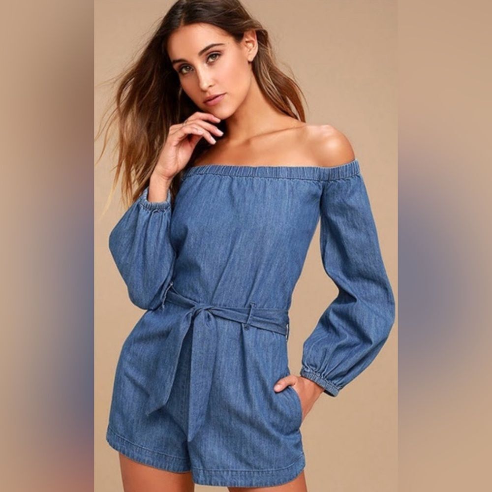 Free People Blue Denim Tie at Waist Romper Size XS EUC